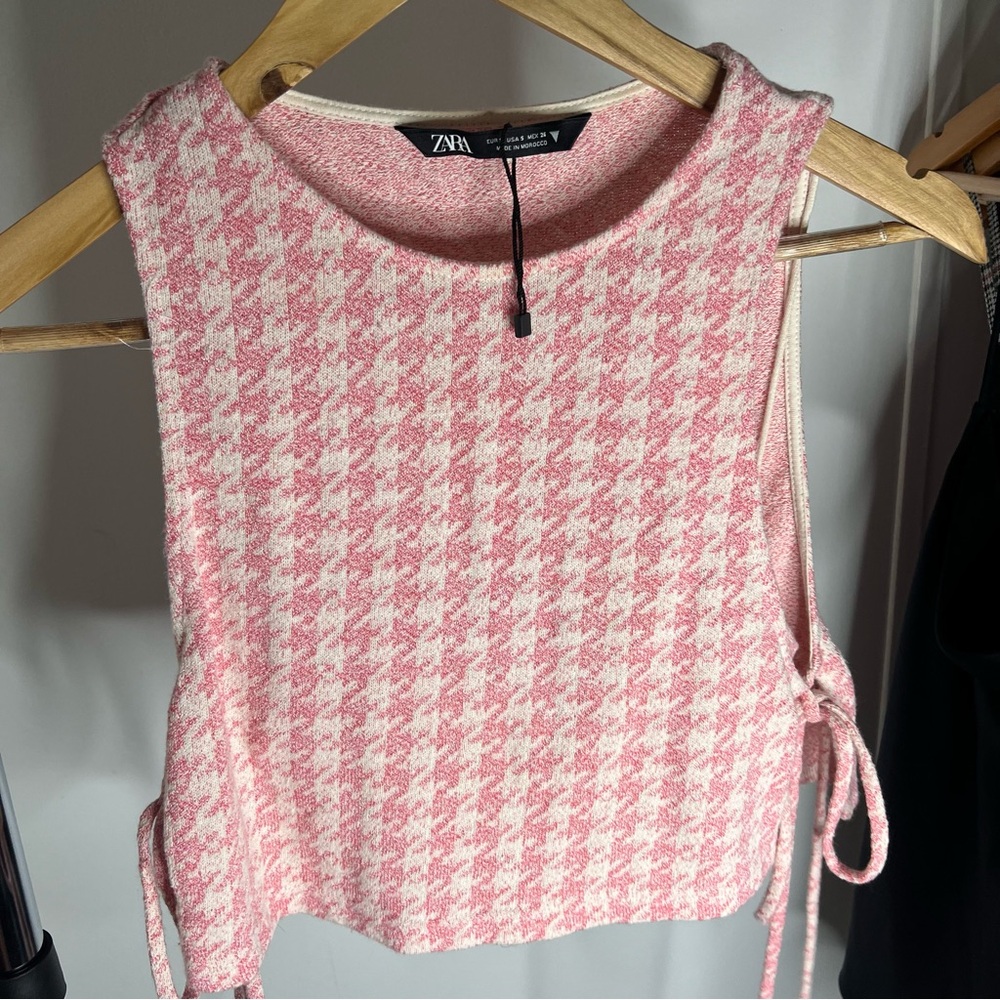 NWT Zara Houndstooth Retro Knit Halter Crop Top With Bralette Attached - Picture 6 of 13